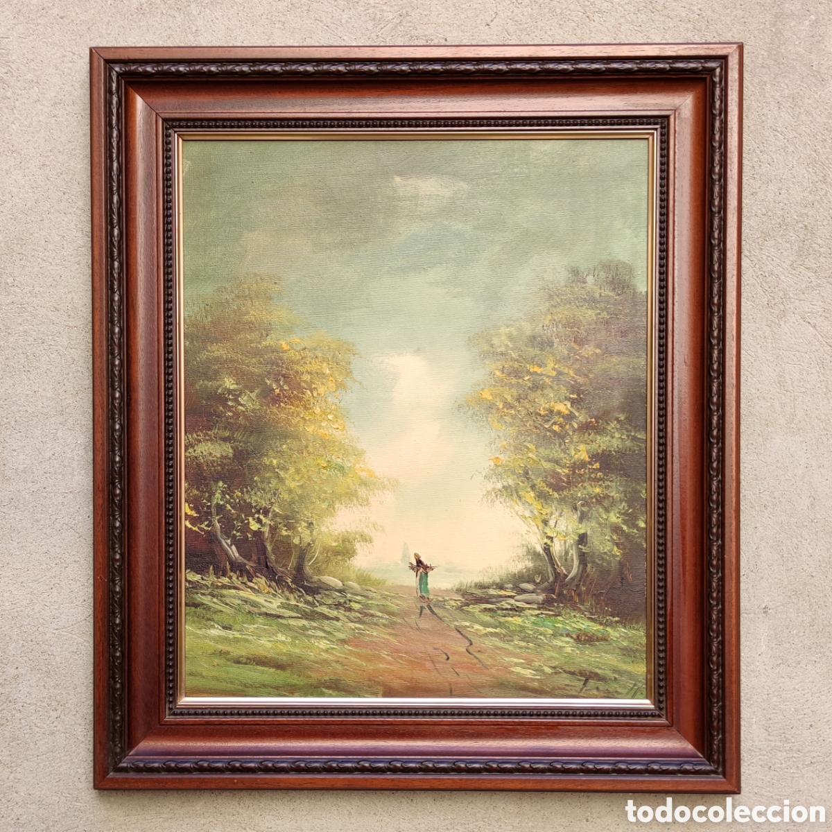 Arte: Cuadro &oacute;leo sobre tela Bosque y mujer con hatillo paisaje