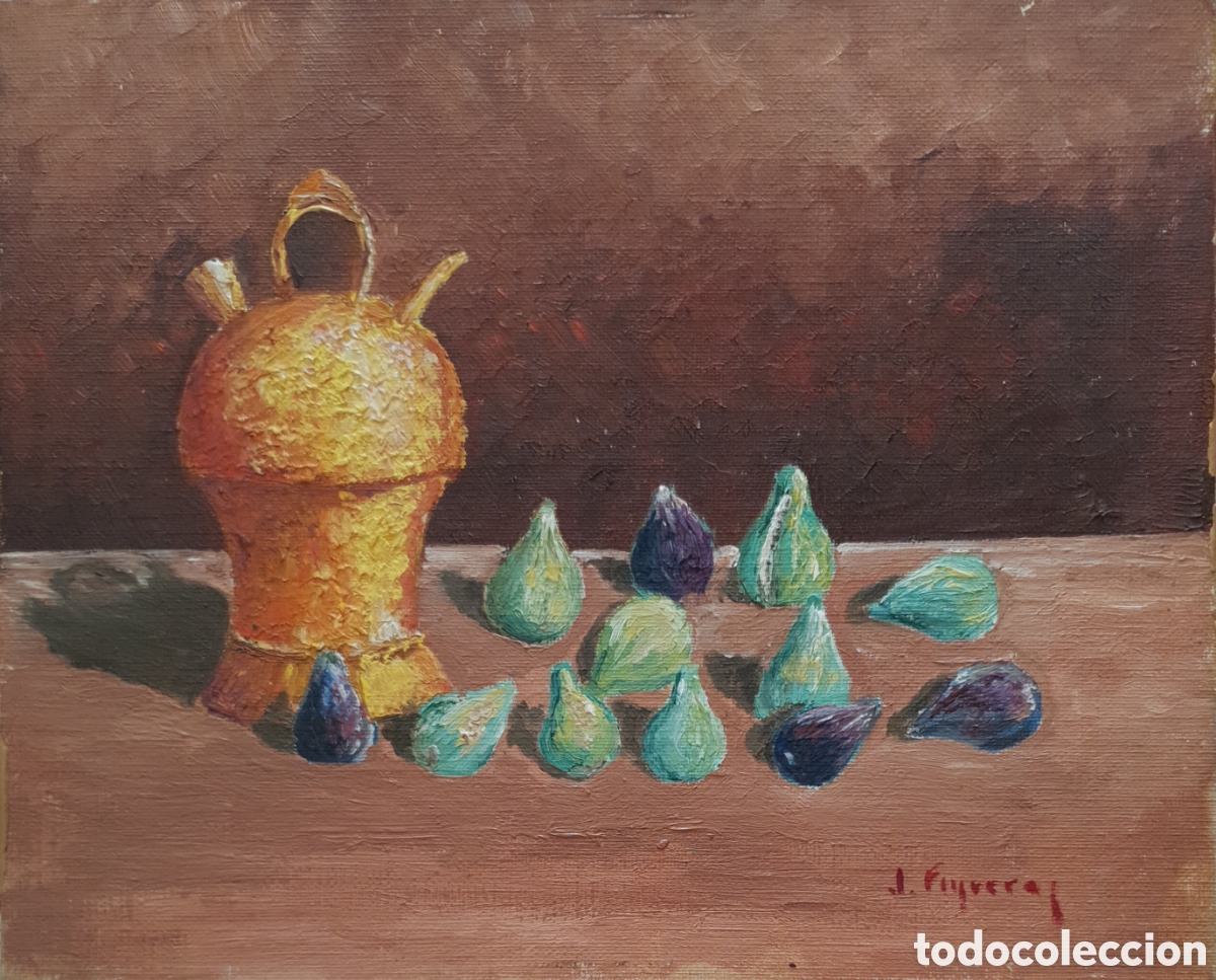 Kunst: Escuela Catalana - Bodeg&oacute;n con Higos y C&aacute;ntaro.Firmado J.Figueras.