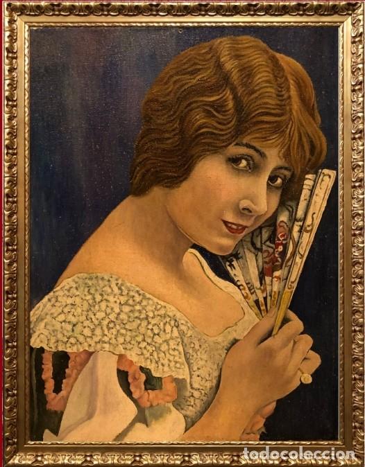 Arte: RETRATO DE MUJER CON ABANICO - ESCUELA FRANCESA S. XX