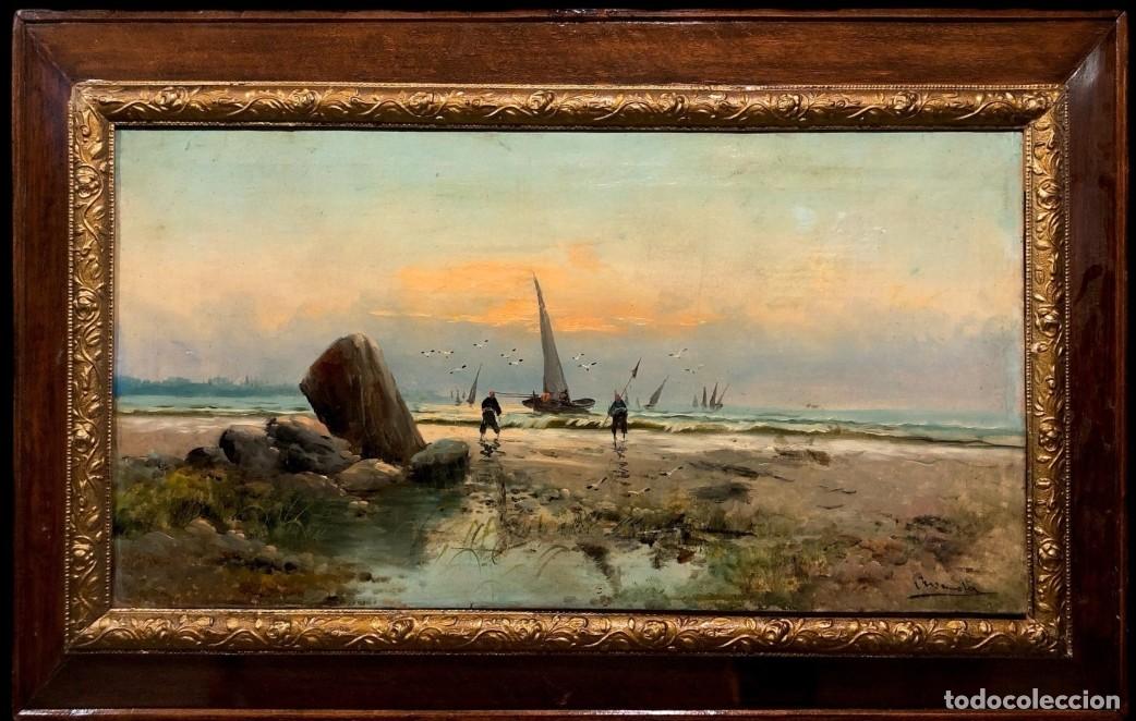 Arte: MAGN&Iacute;FICA VISTA DE PESCADORES CON AMANECER - ESCUELA IMPRESIONISTA ESPA&Ntilde;OLA (S. XIX)