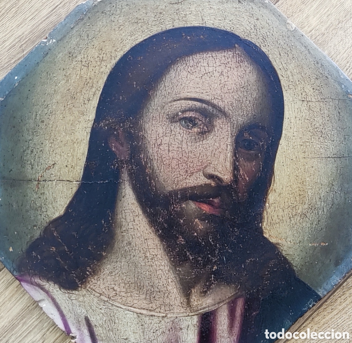 Arte: Escuela Mallorquina. Siglos XVI - XVII. Rostro de Cristo. &Oacute;leo. Tabla. Original. Mallorca. Octogonal