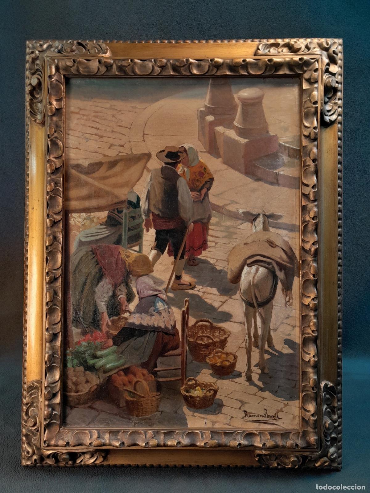 Arte: C-2003. RAM&Oacute;N BORRELL I PLA (1876-1963). &Oacute;LEO SOBRE TABLA. ESCENA DE MERCADO. 1930 CA.
