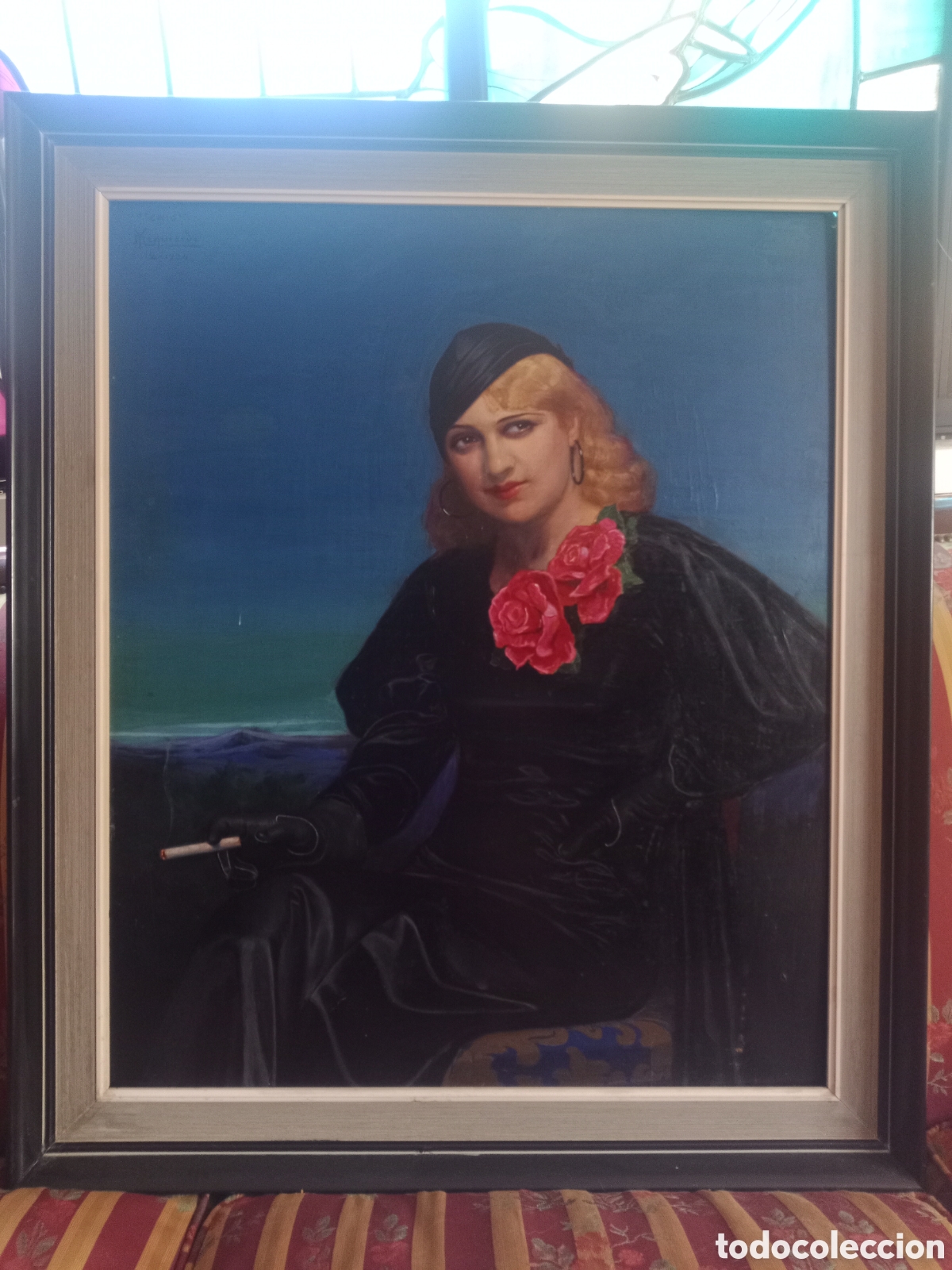 Arte: Retrato al oleo sobre tabla de dama fumando, sofisticada &rdquo; CHIC&rdquo;. Autor M. Izquierdo