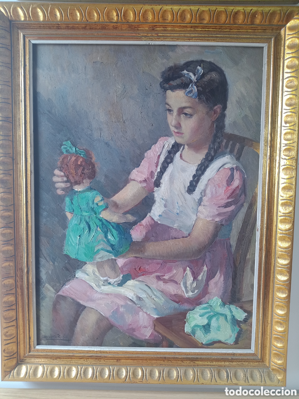 Arte: Oleo sobre lienzo de Albert Rafolls. Ni&ntilde;a con mu&ntilde;eca.