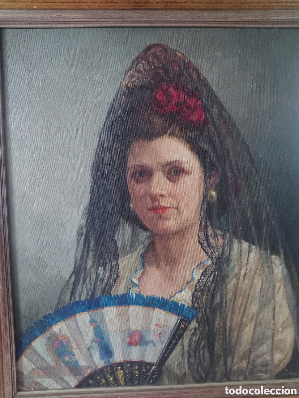 Arte: Dama con abanico ,peineta y mantilla en oleo sobre lienzo. Firmado V. Rinau o parecido