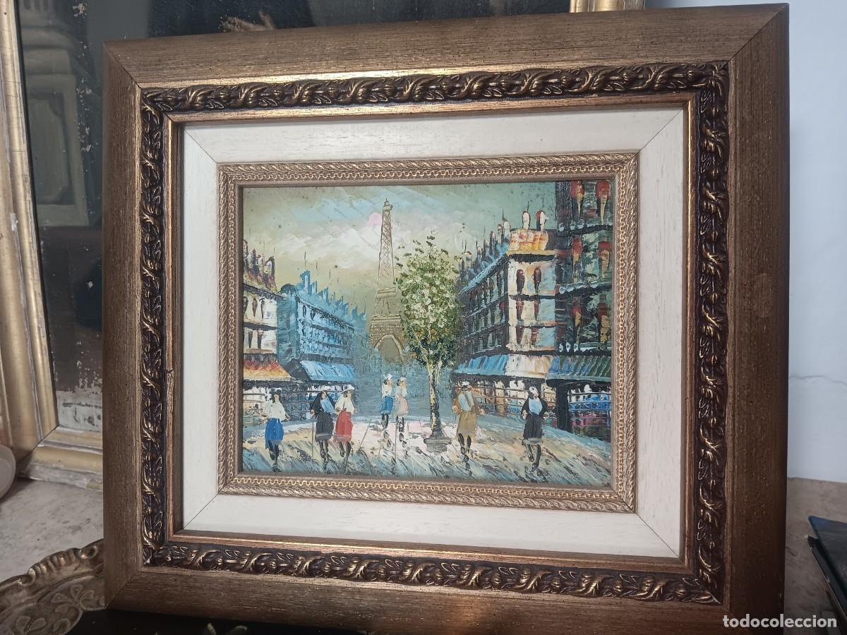 Arte: &oacute;leo sobre lienzo de estilo impresionista que representa una escena callejera de Par&iacute;s con la Torre