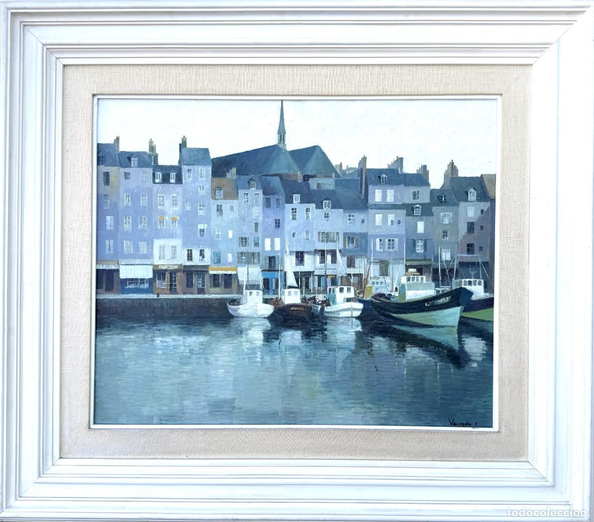 Arte: Josep Maria Vayreda Canadell - Honfleur, puerto normando con barcos - &oacute;leo sobre lienzo
