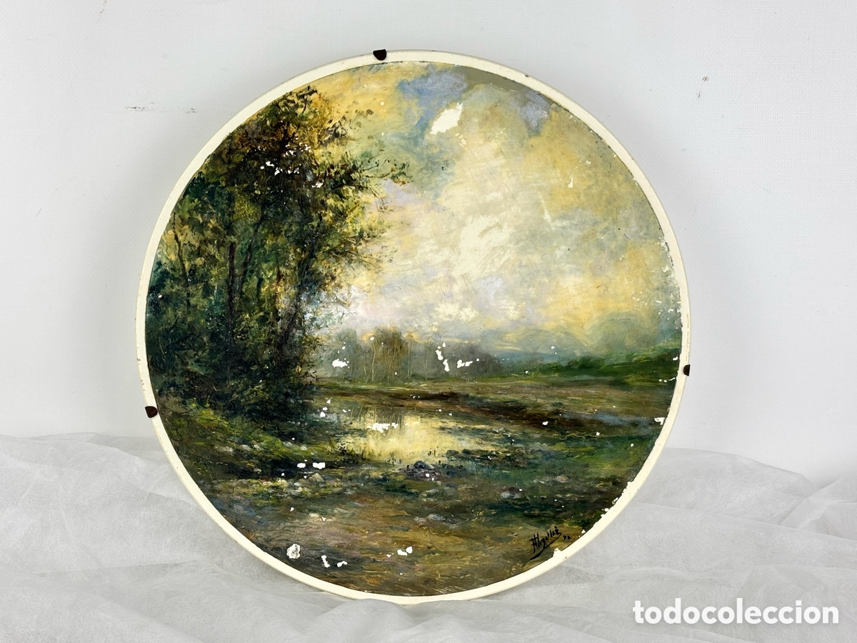 Arte: F&Eacute;LIX URGELL&Egrave;S DE TOVAR (1853-1919) - PLATO PORCELANA PINTADA - PAISAJE CON ESTANQUE