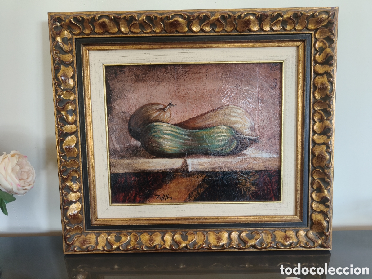 Arte: &Oacute;leo sobre lienzo - Bodeg&oacute;n &rdquo;Calabacines del Regato&rdquo; (Bizkaia) - Pintura local - Gran marco cl&aacute;sico