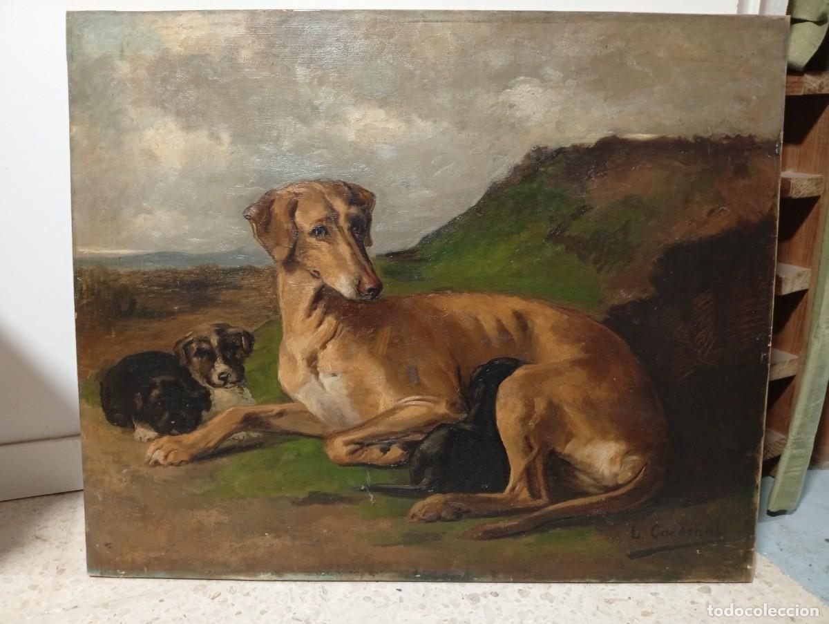 Arte: Perra con cachorros, escuela europea finales del siglo XIX, firmado