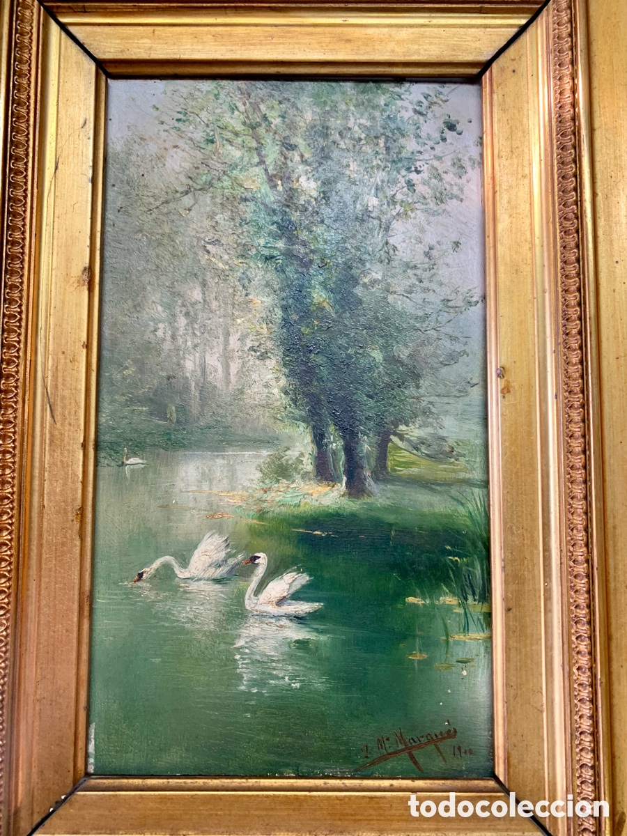 Art: Jose Maria Marques Garcia 1862-1938, paisaje con cisnes, 12x22 obra y 34,5x44 con marco
