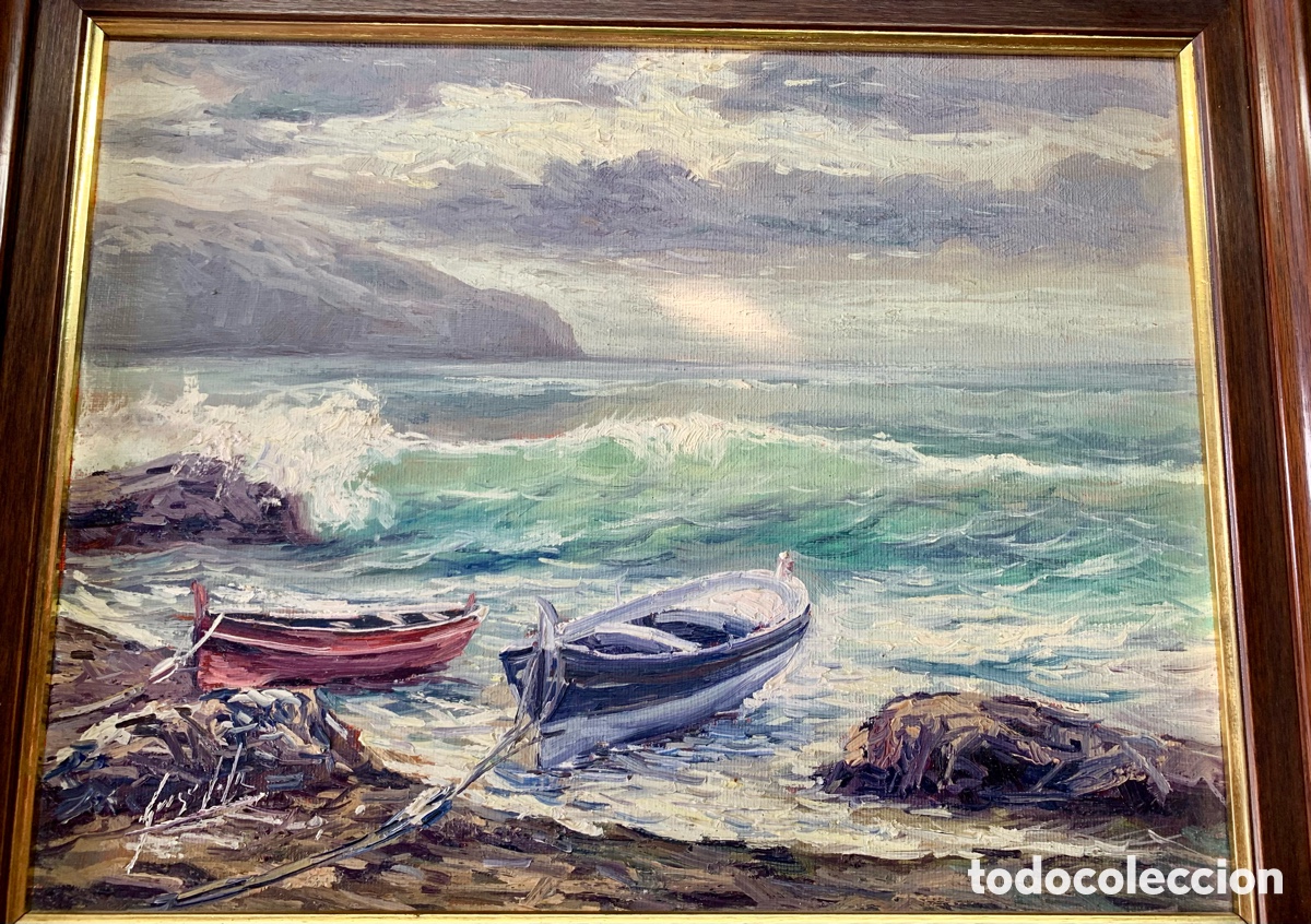 Arte: Firma sin identificar, marina con barcas, 34,5x26,5 obra y 52x44 con marco