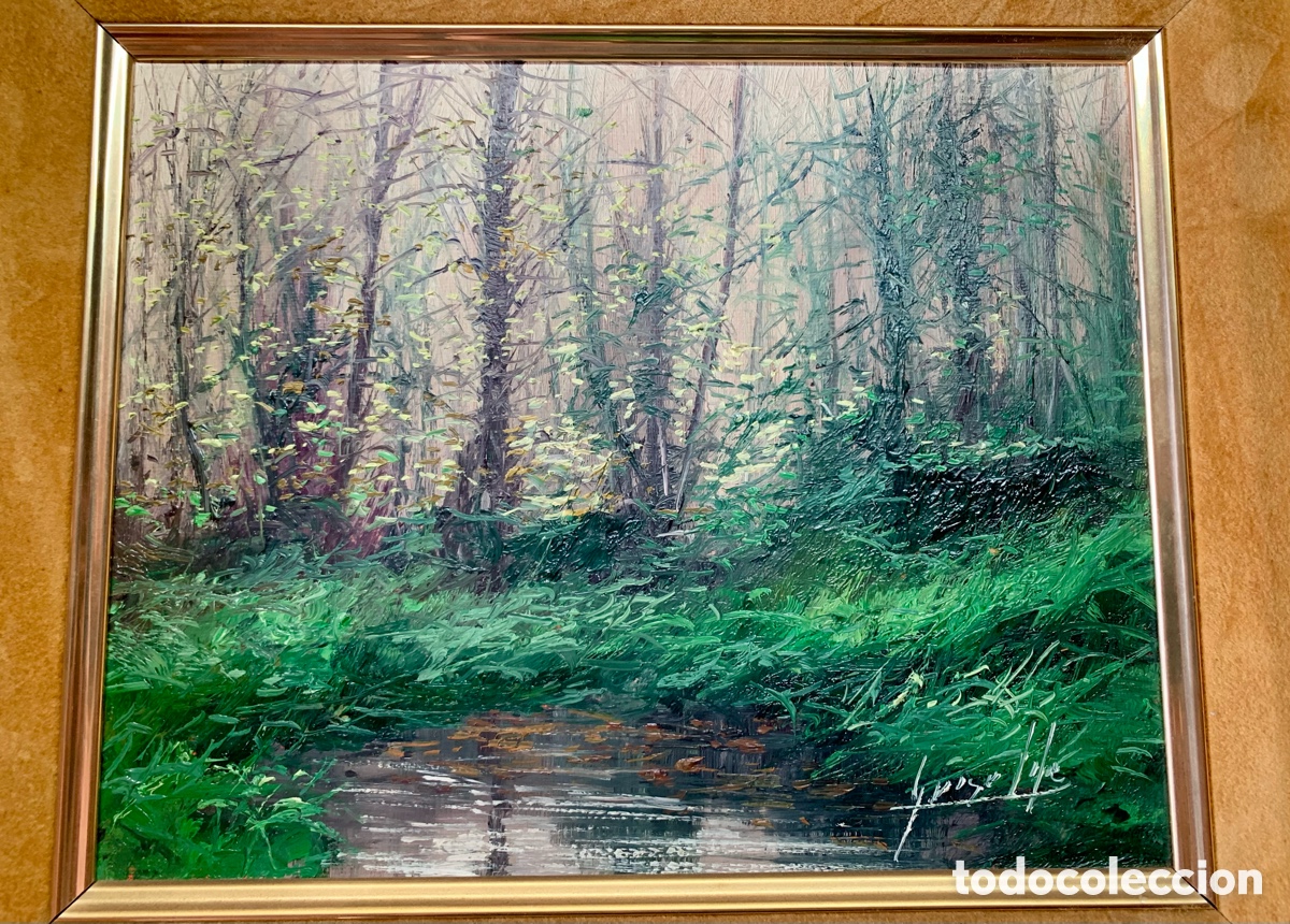 Arte: Firma sin identificar, bosque y lago, 23x18 obra y 43x38 con marco