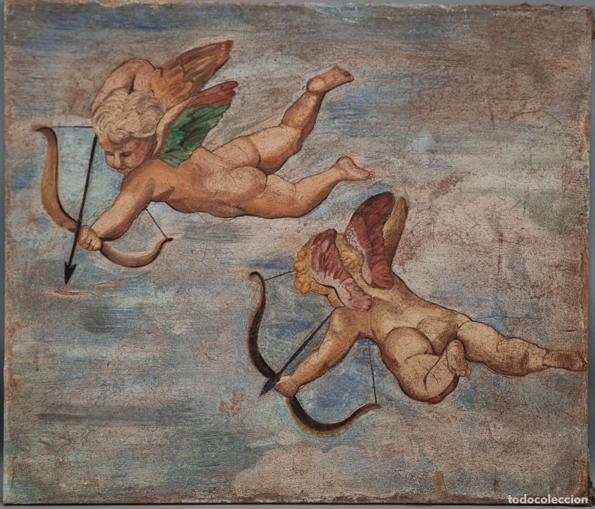 Arte: Cuadro que representa una escena de angelitos disparando flechas. 60 x 70 cm