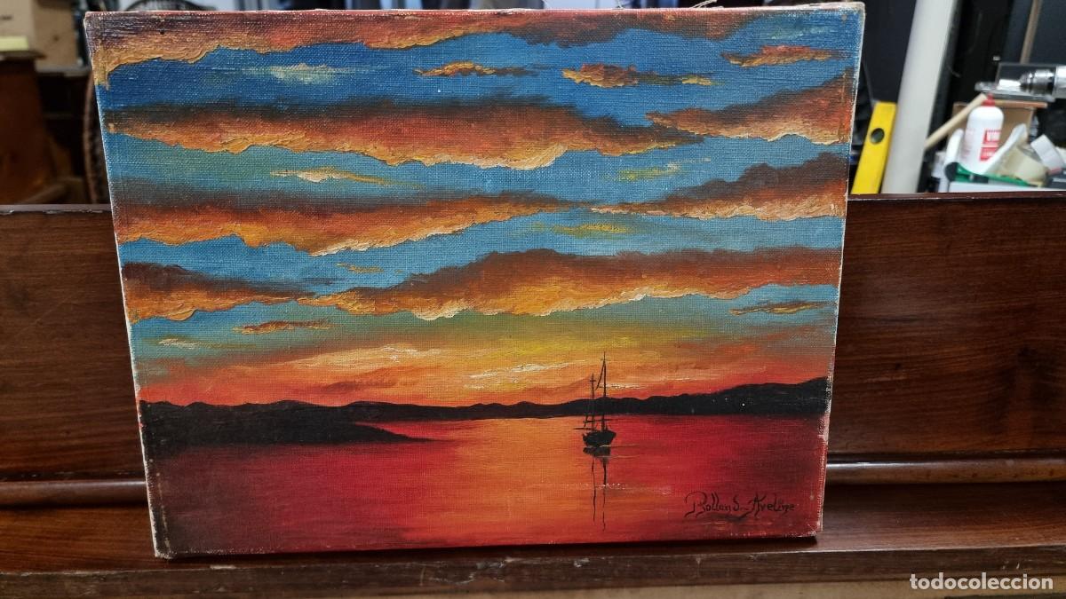 Arte: Pintura de paisaje puesta de sol sobre el mar, firmada por Rolland Aveline.