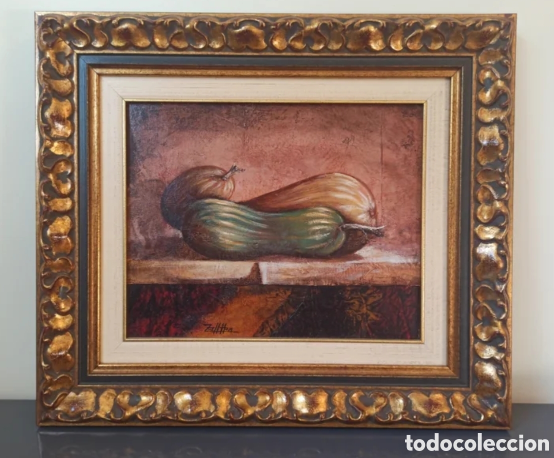 Arte: &Oacute;leo sobre lienzo - Bodeg&oacute;n &rdquo;Calabacines del Regato&rdquo; (Bizkaia) - Pintura local - Gran marco cl&aacute;sico