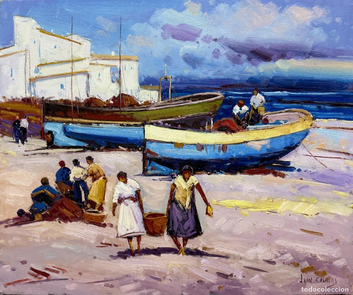Art: Juan Casellas Mart&iacute;nez - Puerto mediterr&aacute;neo con barcas y figuras - &Oacute;leo sobre lienzo
