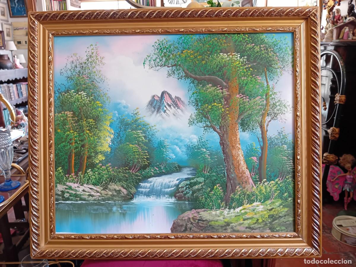 Arte: Paisaje r&iacute;o &aacute;rboles y monta&ntilde;as firmado