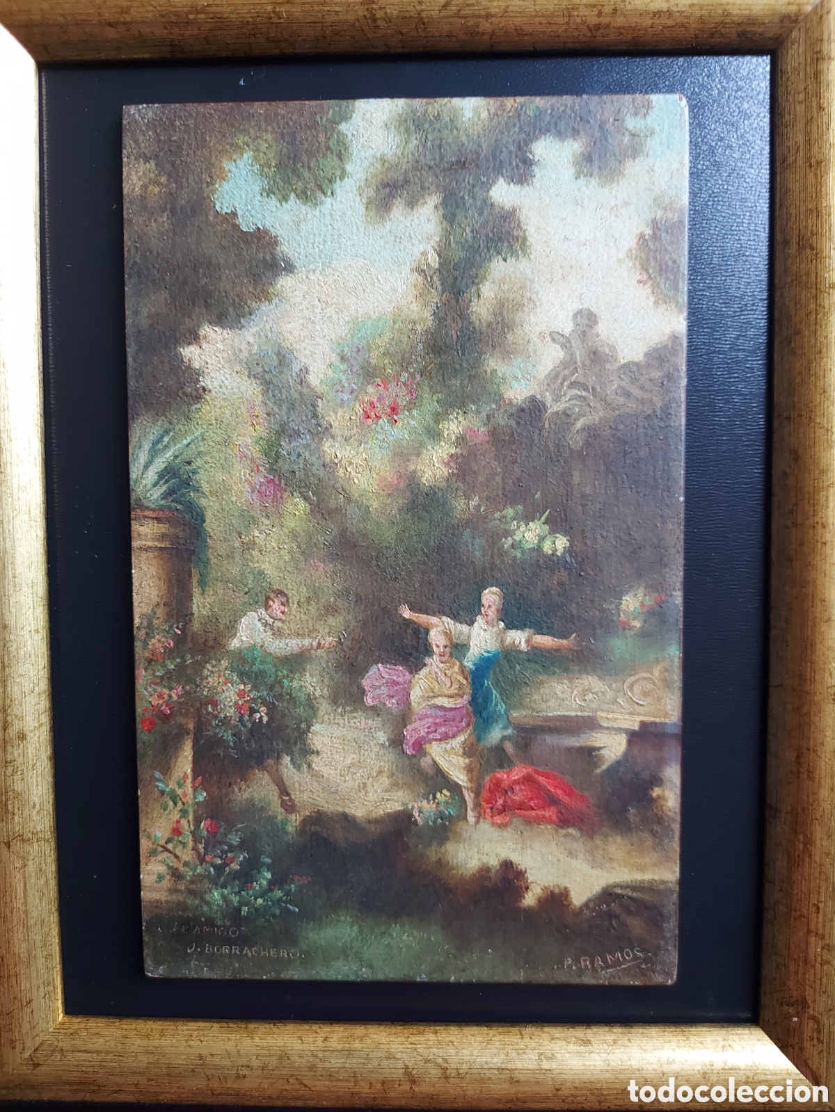 Arte: P. RAMOS &rdquo;ESCENA ROMANTICA EN EL JARDIN&rdquo; OLEO EPOCA