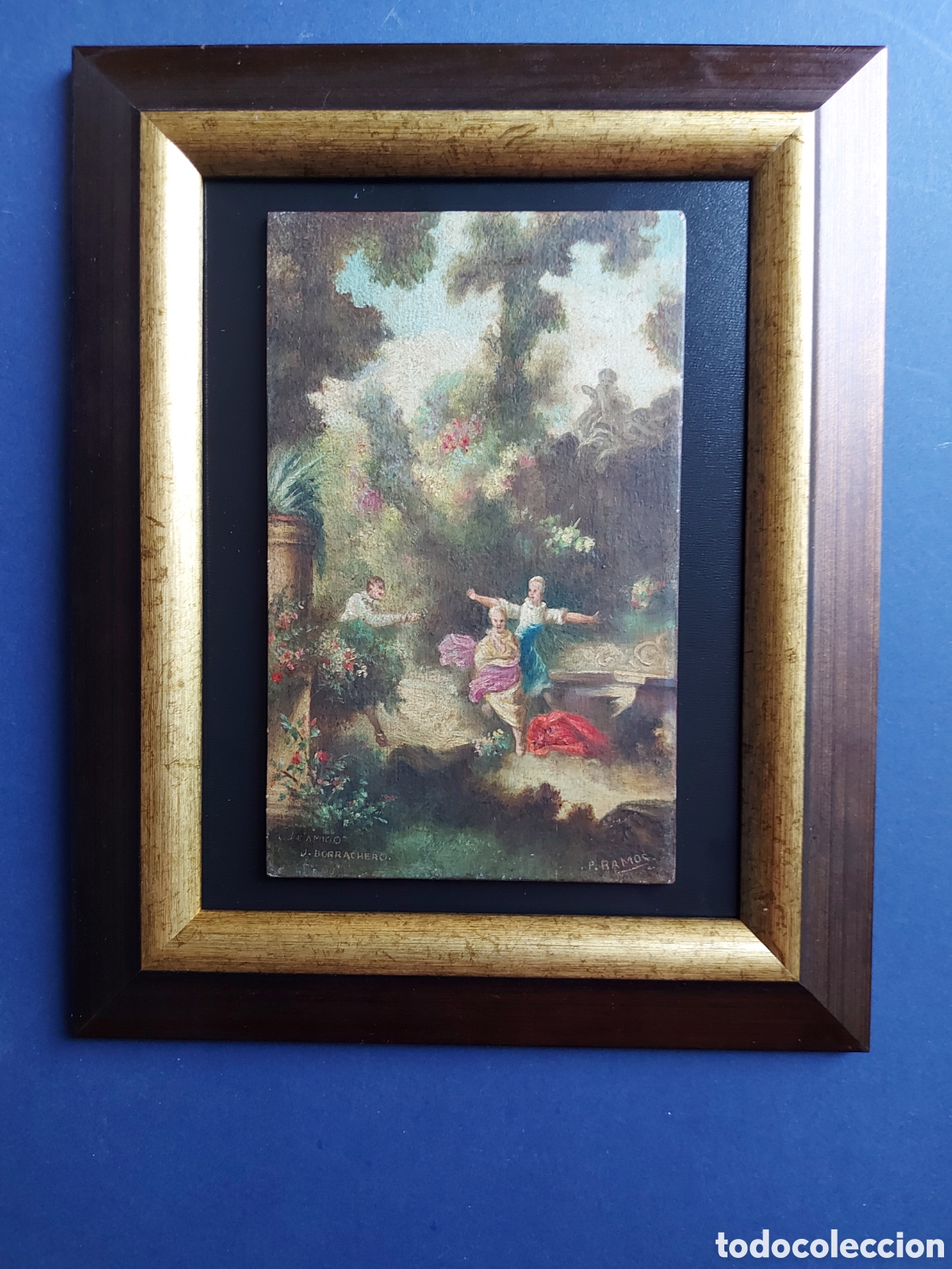 Arte: P. RAMOS &rdquo;ESCENA ROMANTICA EN EL JARDIN&rdquo; OLEO EPOCA
