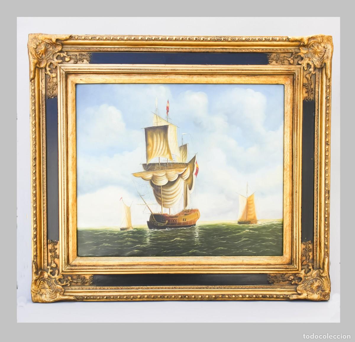 Arte: &Oacute;leo sobre lienzo de un barco en el mar. Marco de madera barroco original para cuadro, espejo, etc.
