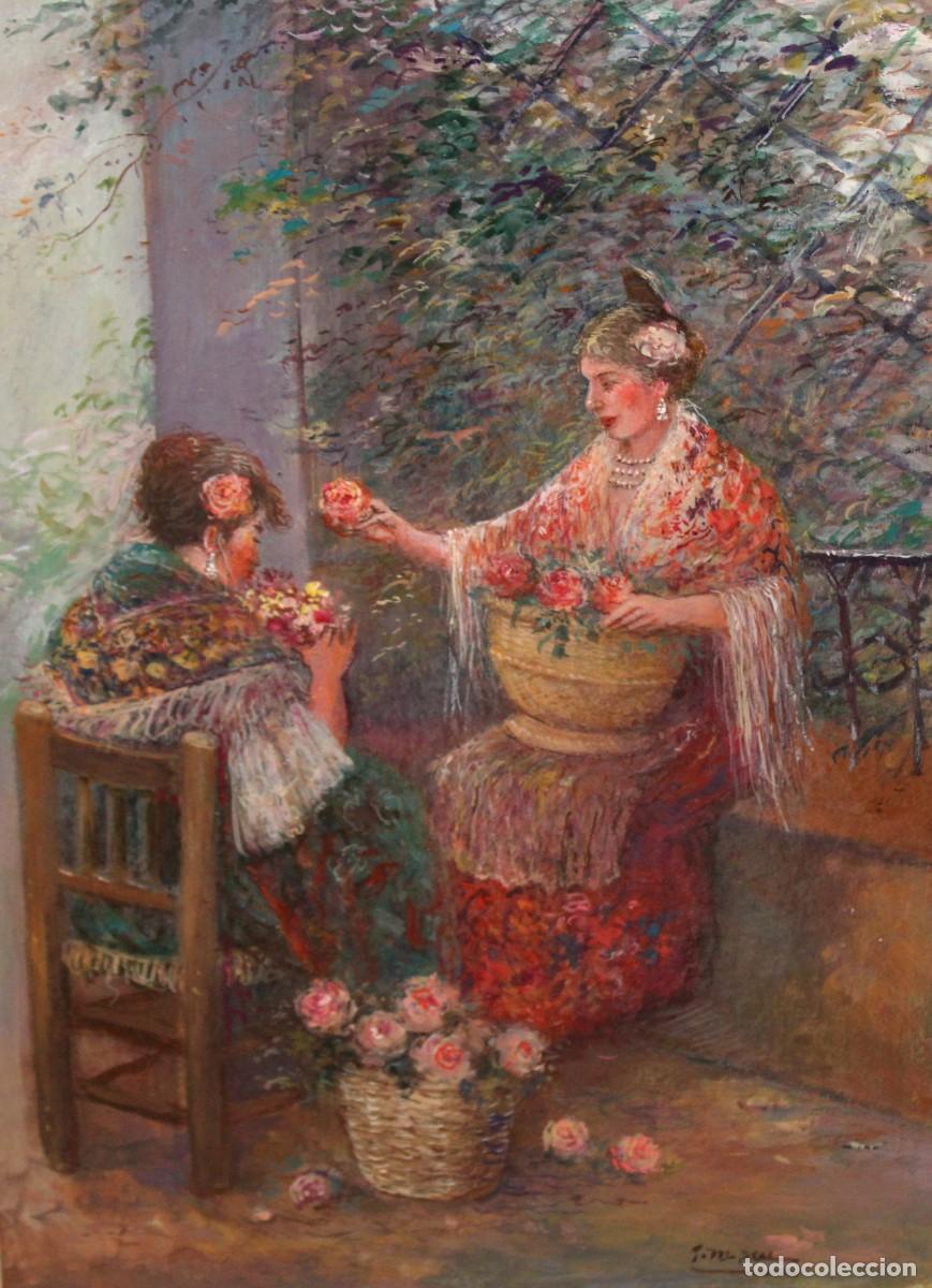Arte: ESCUELA VALENCIANA (MEDIADOS SIGLO XX) OLEO SOBRE TELA FIRMADO POR J. DEL REAL. RECOLECTANDO FLORES