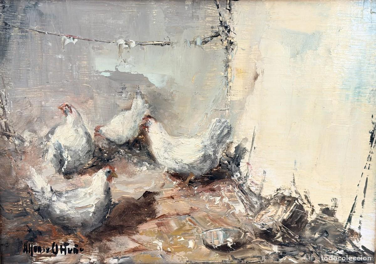 Arte: ALFONSO ORTU&Ntilde;O (Barcelona, 1925 - Godella 2011) OLEO SOBRE TABLA. GALLINAS AL AMANECER