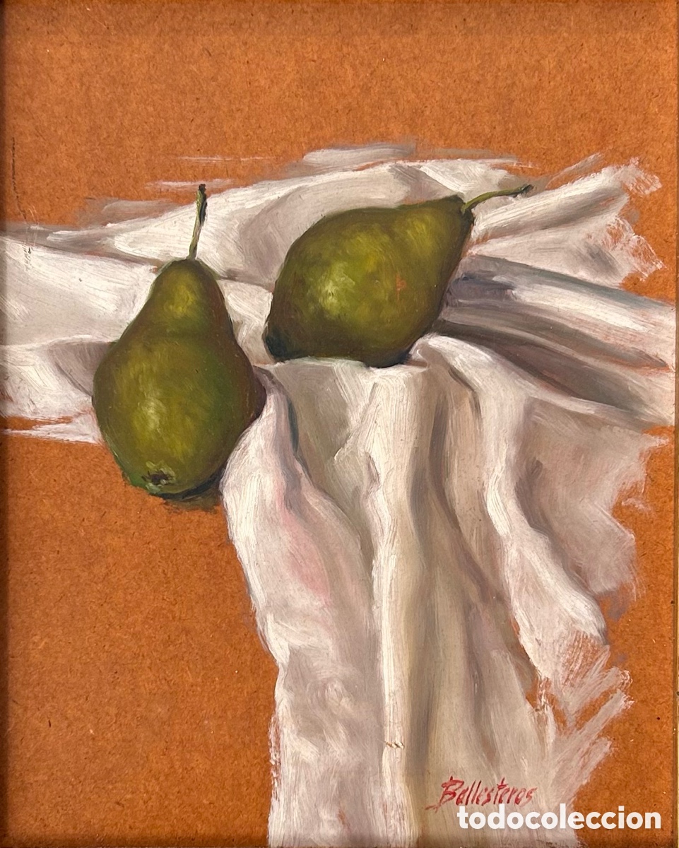 Arte: Ballesteros (Escuela Valenciana, siglo XX) &ndash; Peras sobre pa&ntilde;o blanco