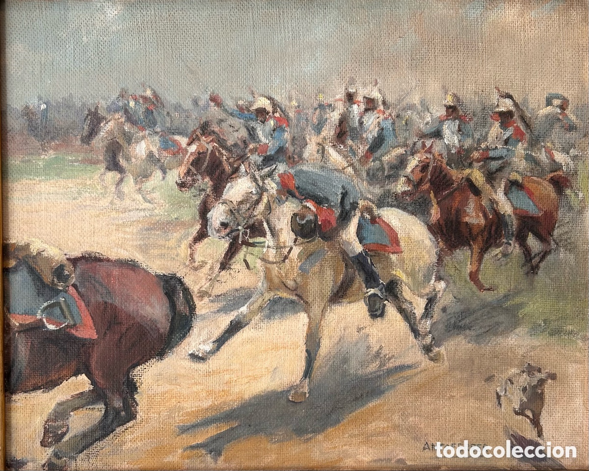 Arte: Antonio Ferrer (S. XX) &ndash;Encierro a caballo &ndash; &Oacute;leo sobre lienzo