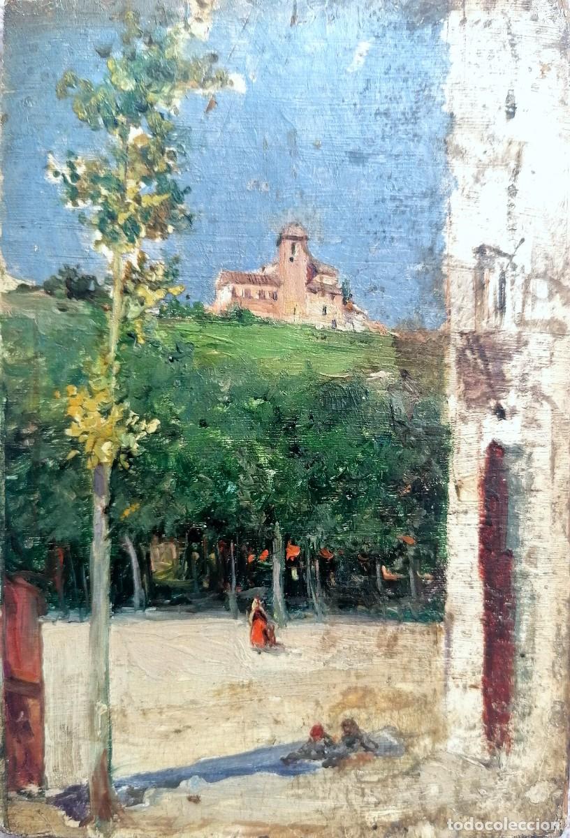 Arte: Casimiro Sainz (atribuido), &oacute;leo/tabla 16 x 12 cm. Paisaje c&aacute;ntabro con iglesia, hacia 1875.