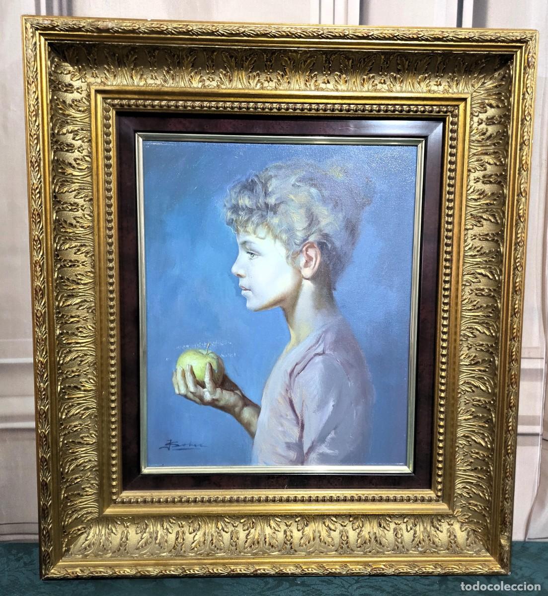 Arte: Oleo de una ni&ntilde;a sosteniendo una manzana, del pintor espa&ntilde;ol Juan Soler.