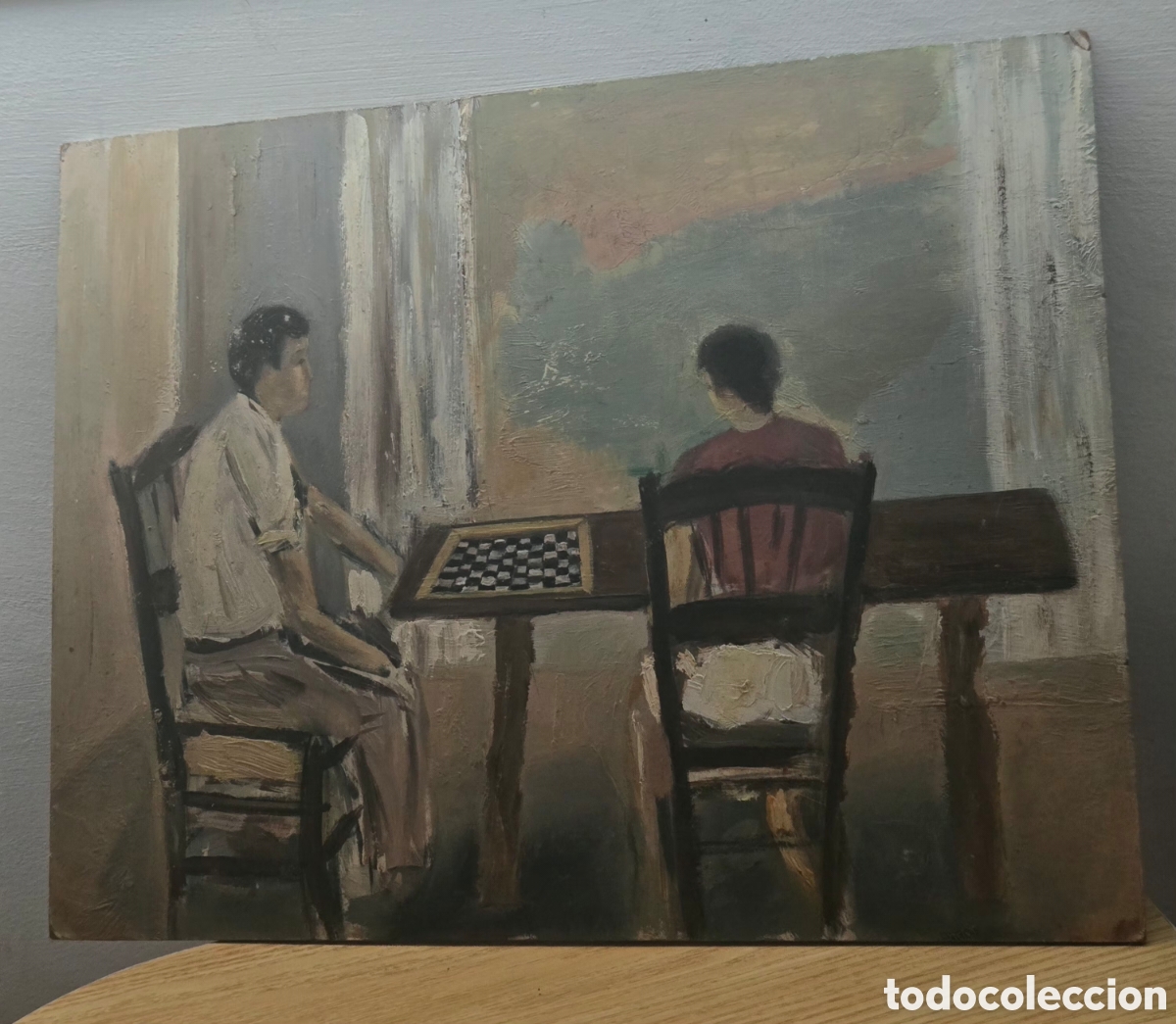 Arte: Antiguo &oacute;leo,escena jugando al ajedrez