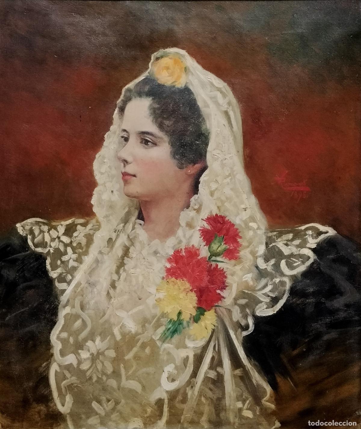 Arte: RETRATO DE DAMA CON MANTILLA BLANCA Y CLAVELES. RONSART (?). &Oacute;LEO SOBRE LIENZO. ESPA&Ntilde;A. 1896.