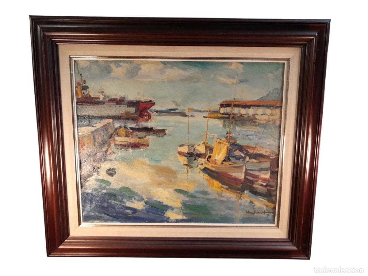 Art: B-1900. HUBERT VALLMITJANA BARCIA (1922-1986). &Oacute;LEO SOBRE LIENZO. MARINA CON BARCOS. 1970 CA.