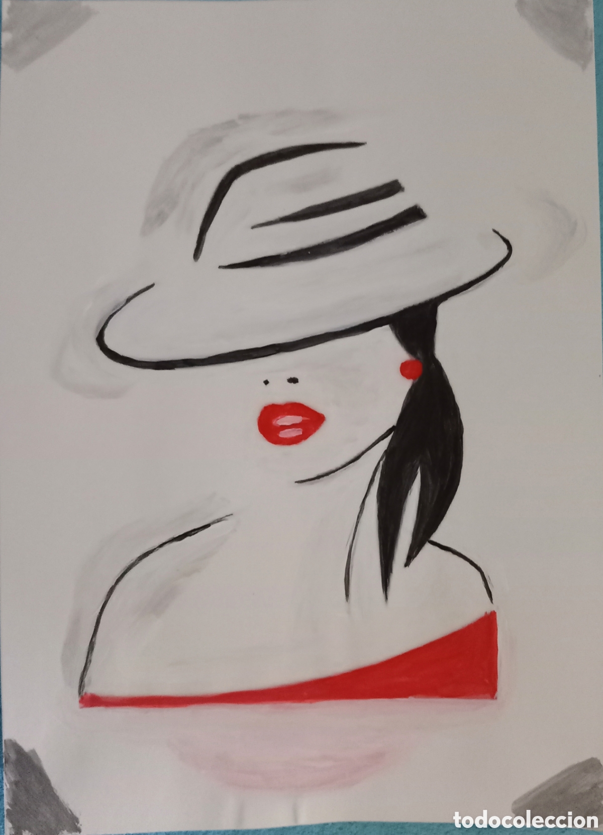 Arte: Original pintura mujer con sombrero trazos (18) acuarela sobre papel doble 29,6cm x 21cm. Muy bonita