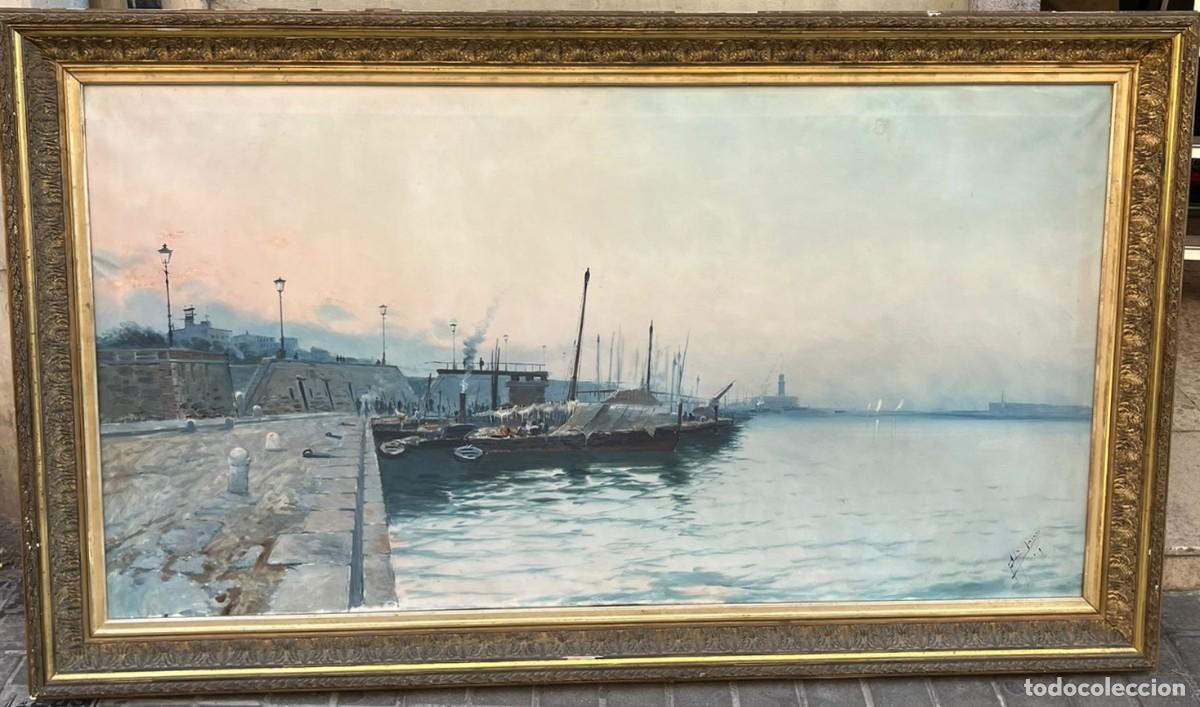 Art: &oacute;leo sobre lienzo es una pieza extraordinaria del puerto de Barcelona, Firma ilegible .Tela 81X151