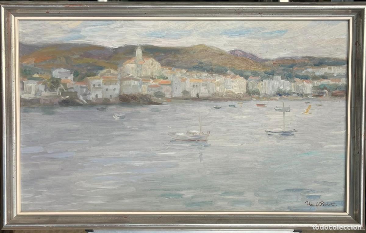 Arte: &oacute;leo sobre lienzo panor&aacute;mica mar&iacute;tima del pueblo de Cadaqu&eacute;s Ramon Pichot Soler (1924 &ndash; 1996)