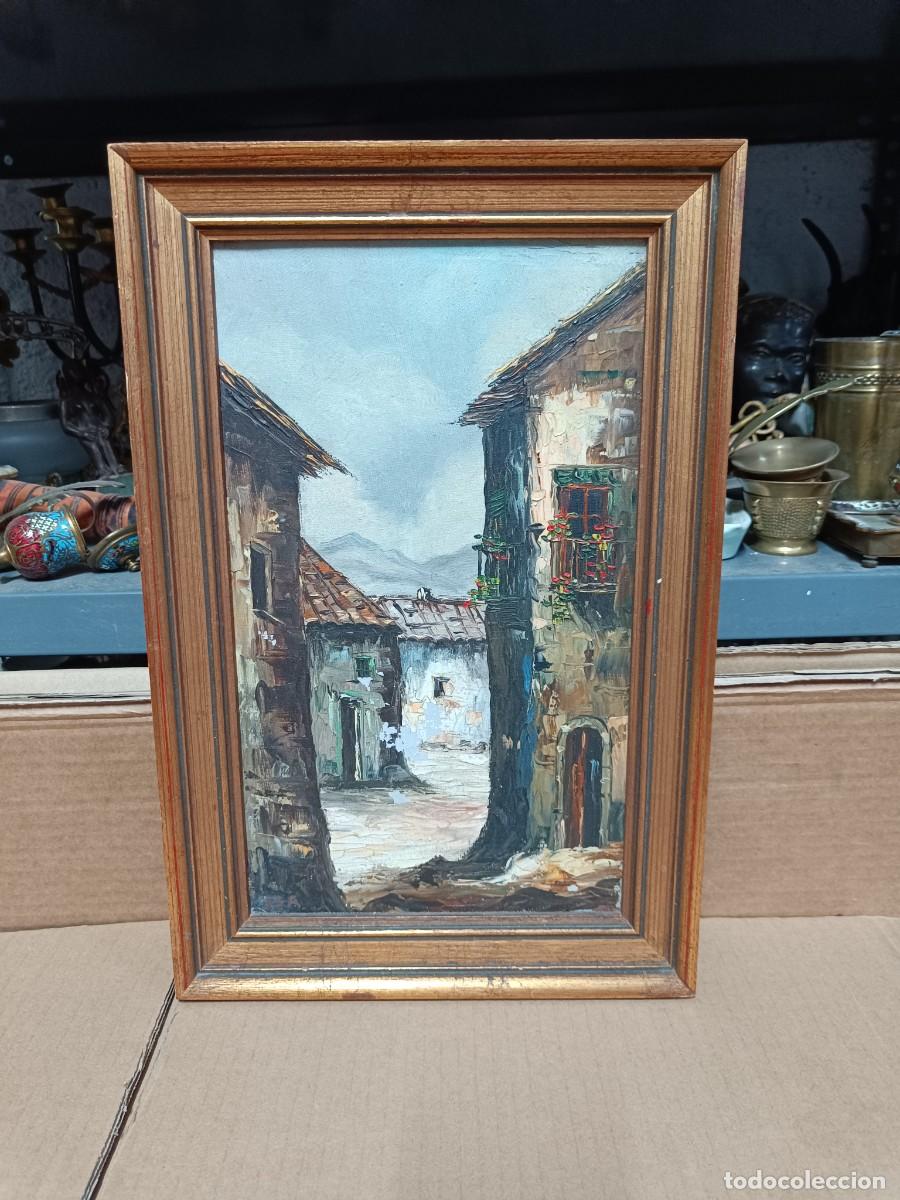 Arte: ANTIGUO CUADRO, OLEO SOBRE TELA, PAISAJE DE PUEBLO, FIRMADO, CON SU MARCO -E5