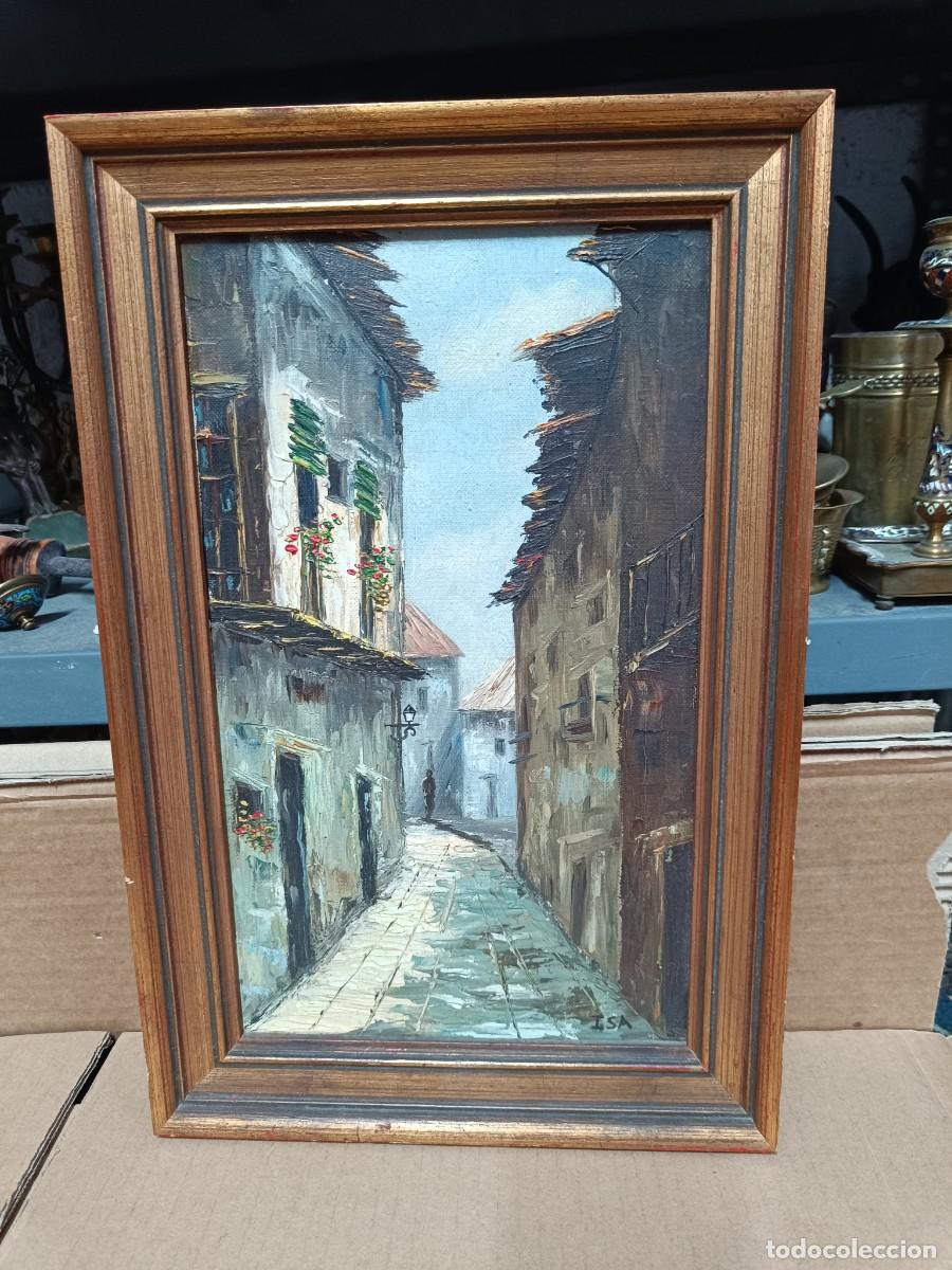 Arte: ANTIGUO CUADRO, OLEO SOBRE TELA, CON SU MARCO, PAISAJE DE PUEBLO, FIRMADO -E5