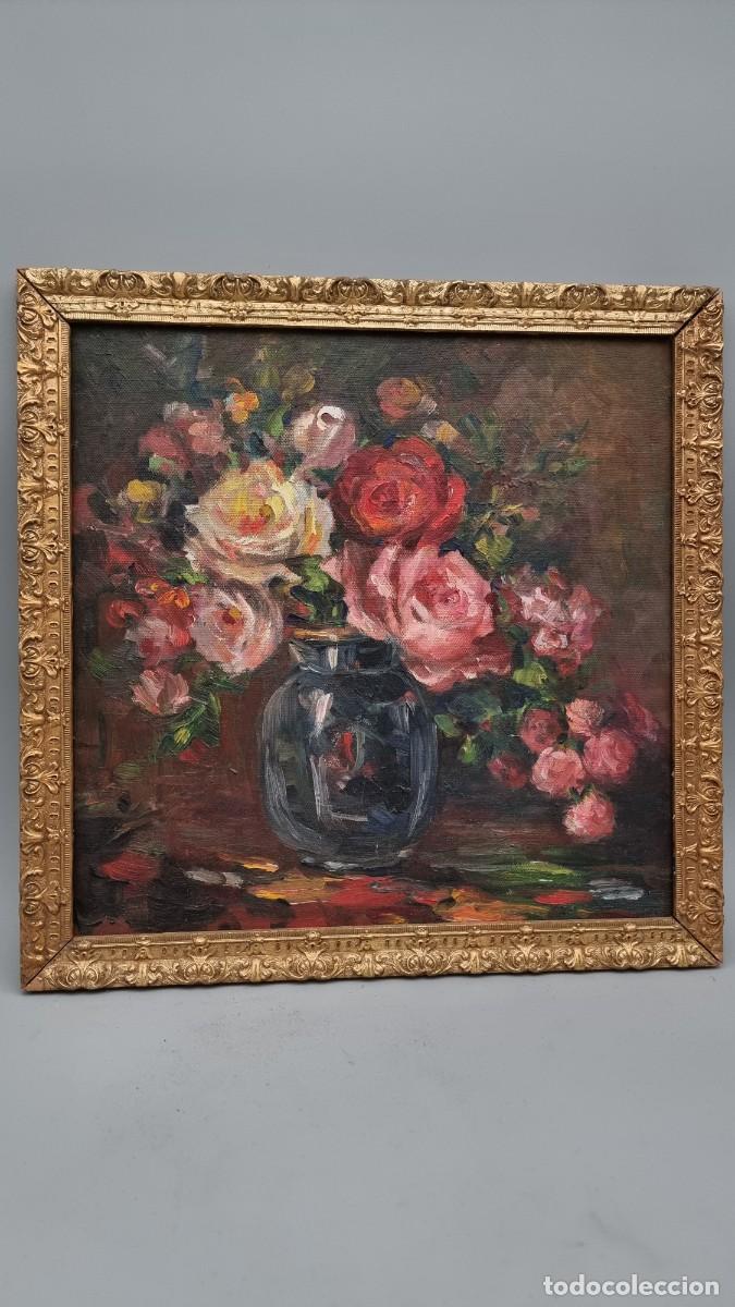 Arte: Cuadro floral al &oacute;leo sobre panel con marco dorado