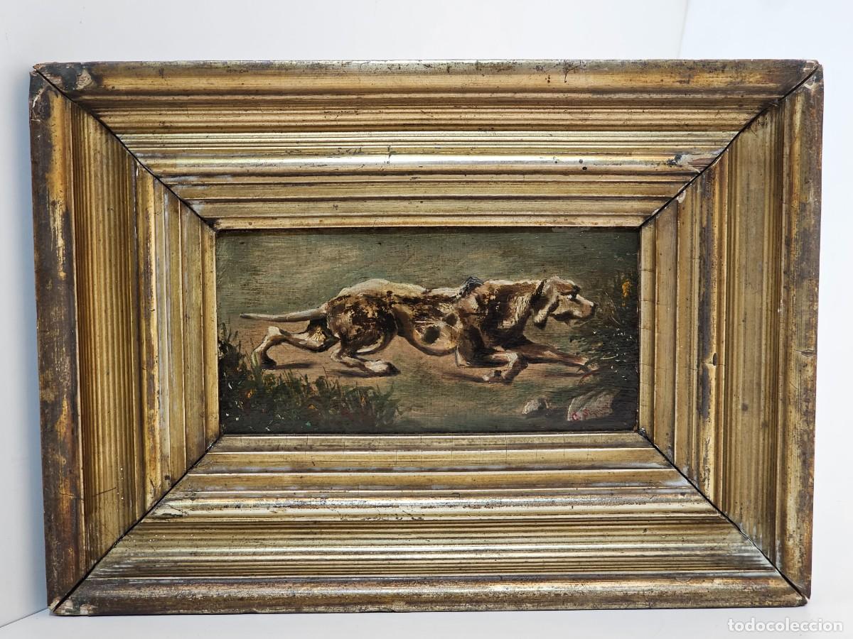 Arte: PERRO DE CAZA, OLEO SOBRE MADERA, FIRMADO SIQUIER 1879, (19X10)