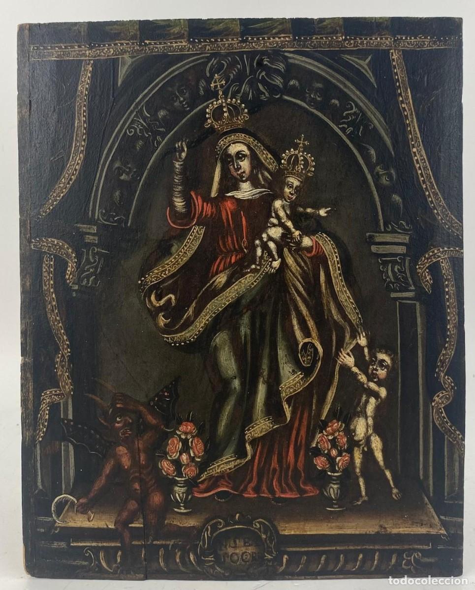 Arte: Virgen Mar&iacute;a, ni&ntilde;o Jes&uacute;s y demonio, escuela colonial, pintura al &oacute;leo sobre madera, siglo XVIII.