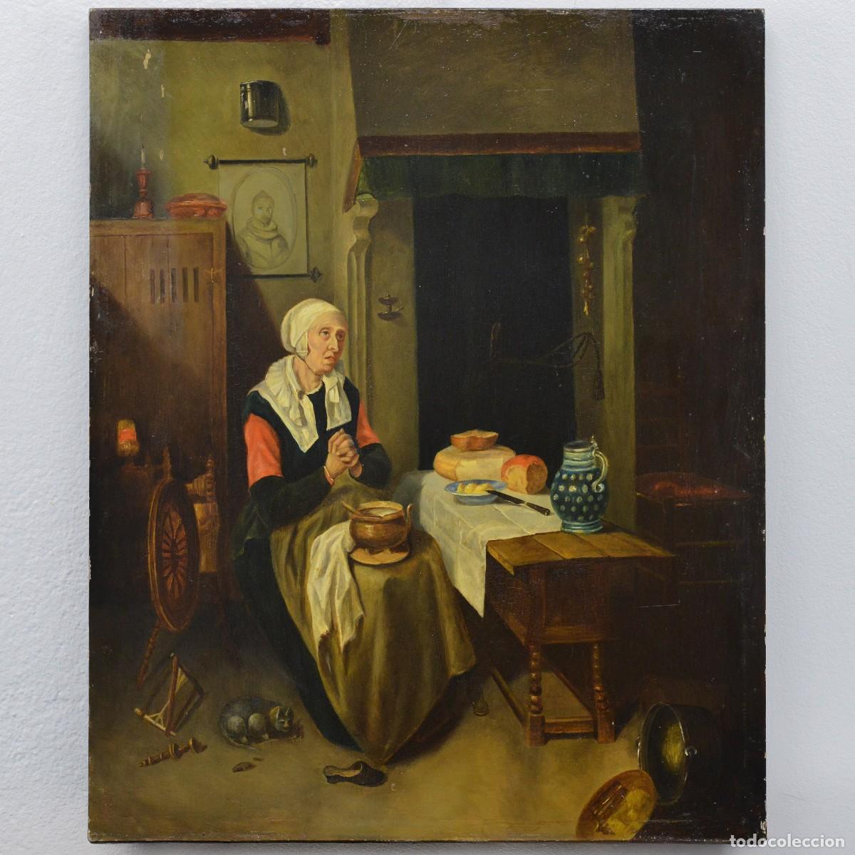 Arte: 19th Century After van Brekelenkam Dutch Genre Scene Saying Grace Oil Panel