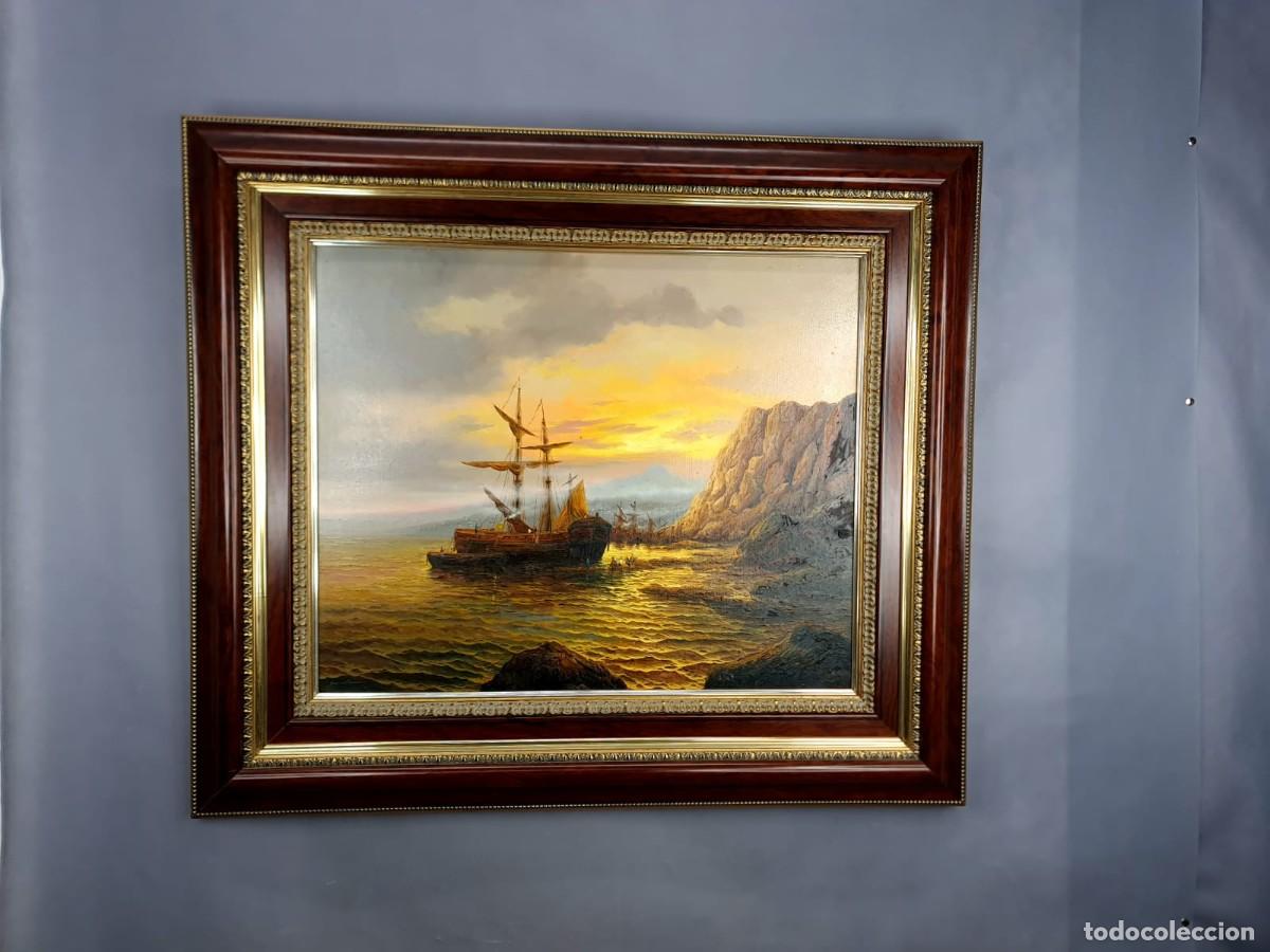 Arte: Espectacular Marina Serralta. Nav&iacute;o de Vela en Costa Rocosa. &Oacute;leo Original enmarcado.