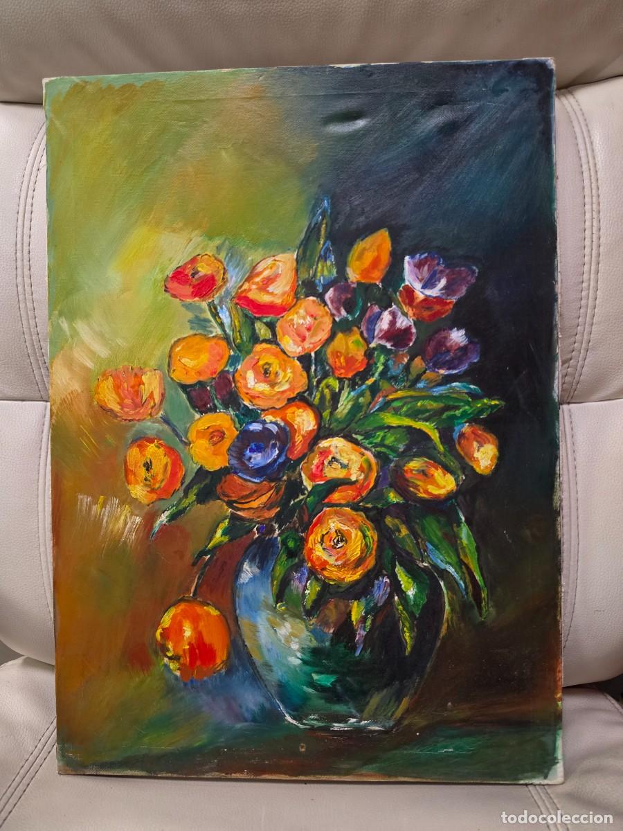 Arte: Cuadro al &oacute;leo sobre lienzo, jarr&oacute;n con flores naranjas, autor desconocido.