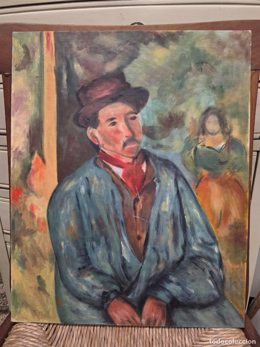 Arte: Cuadro sobre cart&oacute;n entelado, hombre con chaqueta azul y sombrero, autor desconocido