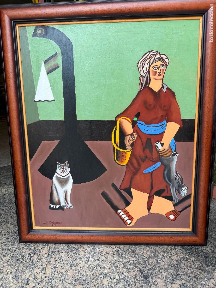 Arte: Curiosa pintura Firmada Julian carboneras, version de La Masovera de Mir&oacute;. 86x72cms total