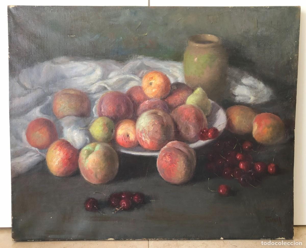 Arte: BODEGON ORIGINAL 1950's , firmado - MELOCOTONES, CEREZAS, PERAS