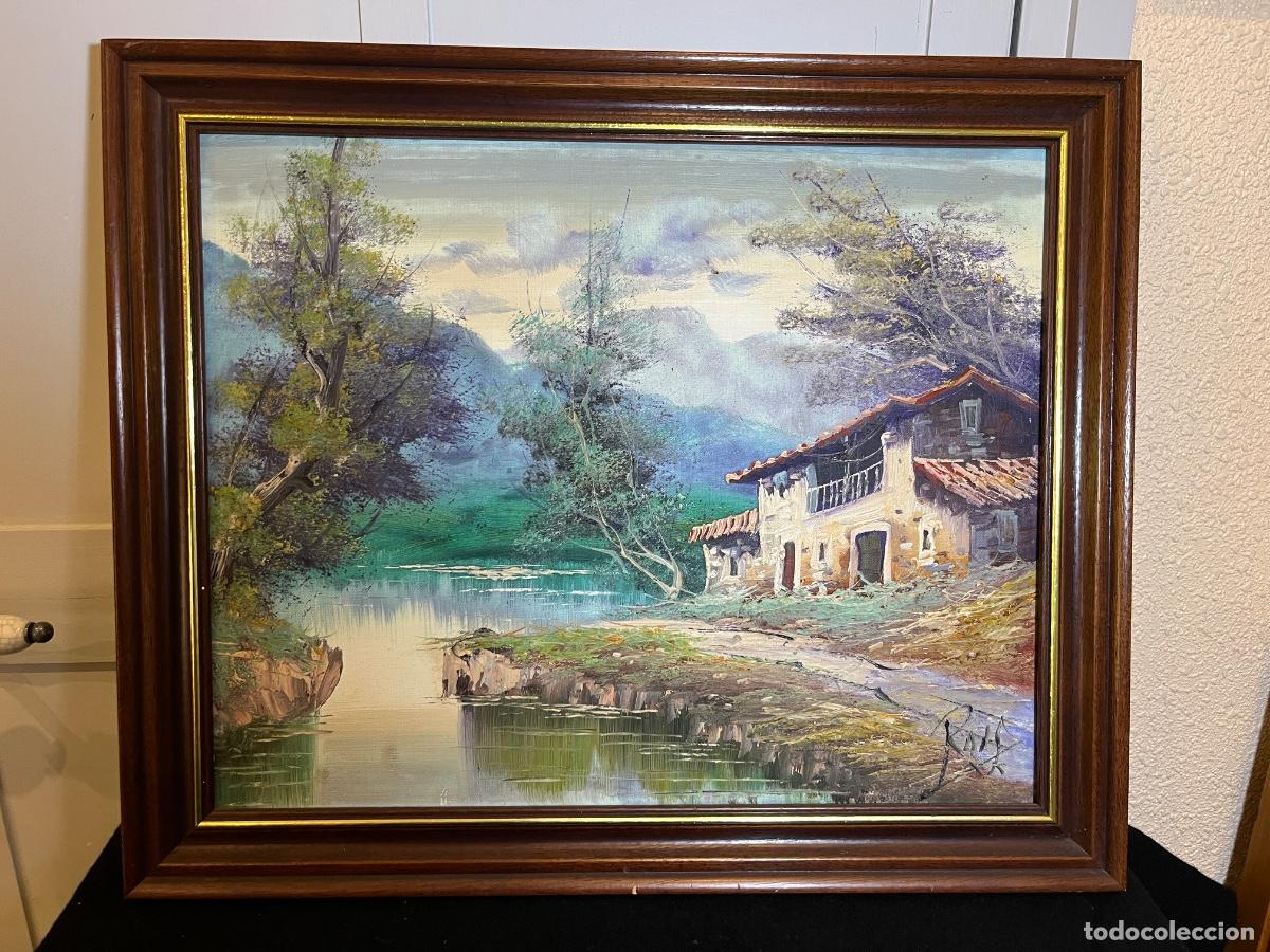 Arte: Cuadro &oacute;leo paisaje firmado Raif Raig vintage lienzo enmarcado casa lago monta&ntilde;a pintura original