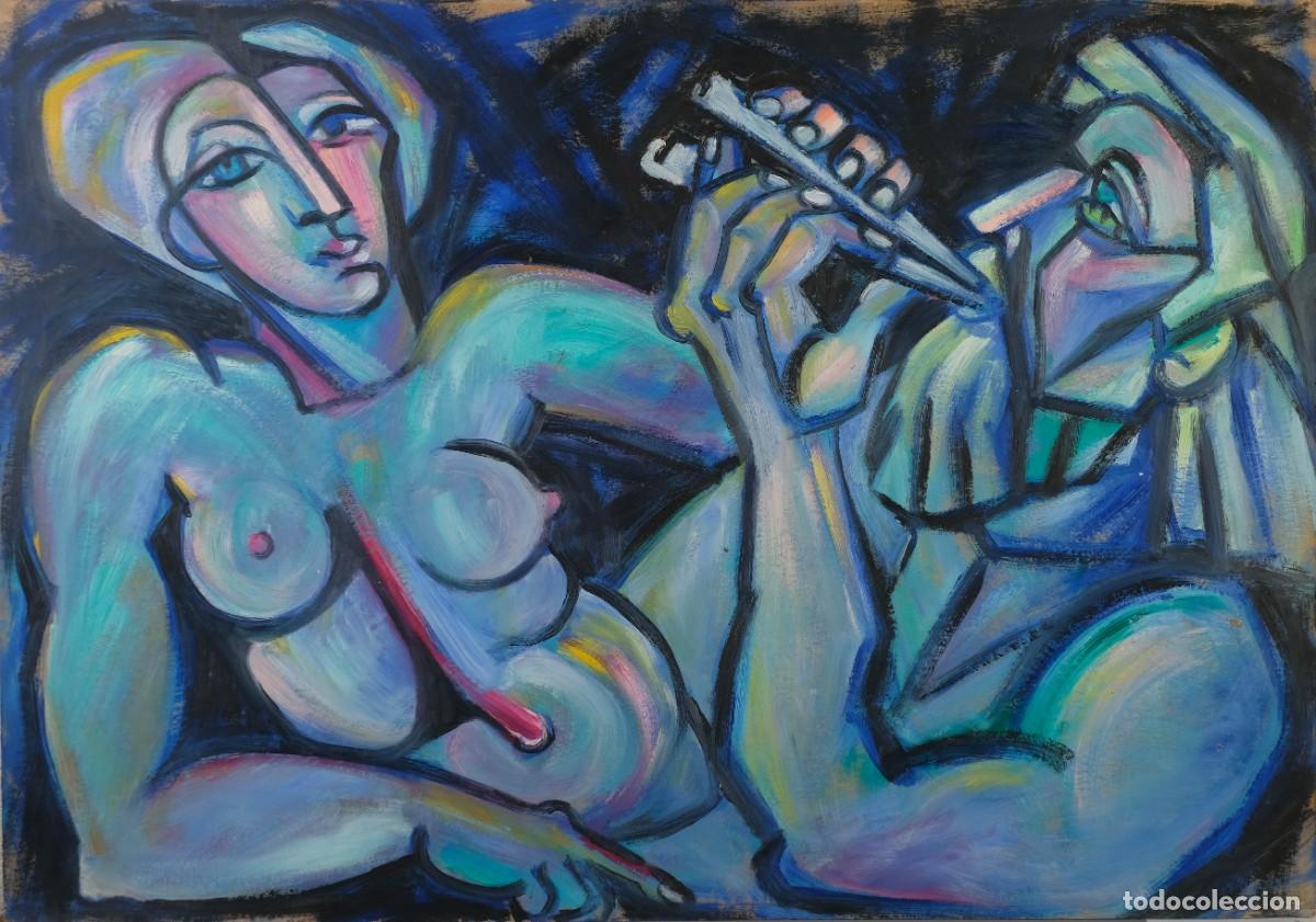 Arte: ALFREDO LANZ (MADRID, 1945) &Oacute;LEO SOBRE CART&Oacute;N FIGURAS ESTILO CUBISTA
